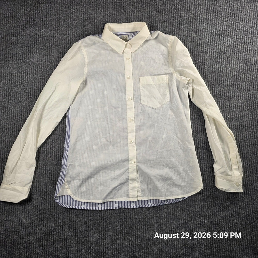 Madewell Womens XS Mixed Media Button Down Shirt White Blue Polka Dot Stripe